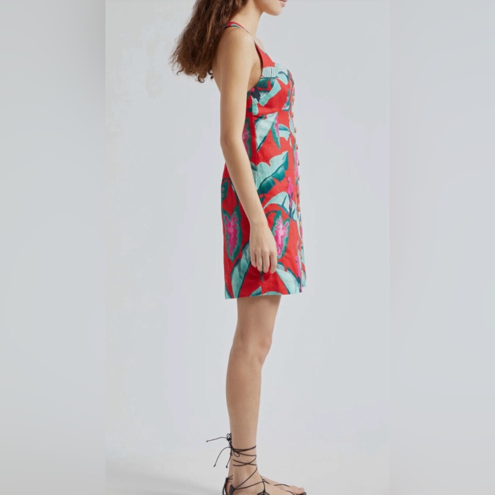 Farm Rio Summer Foliage Linen Mini Dress XS Button Front Tropical Crossback Red - Picture 3 of 12